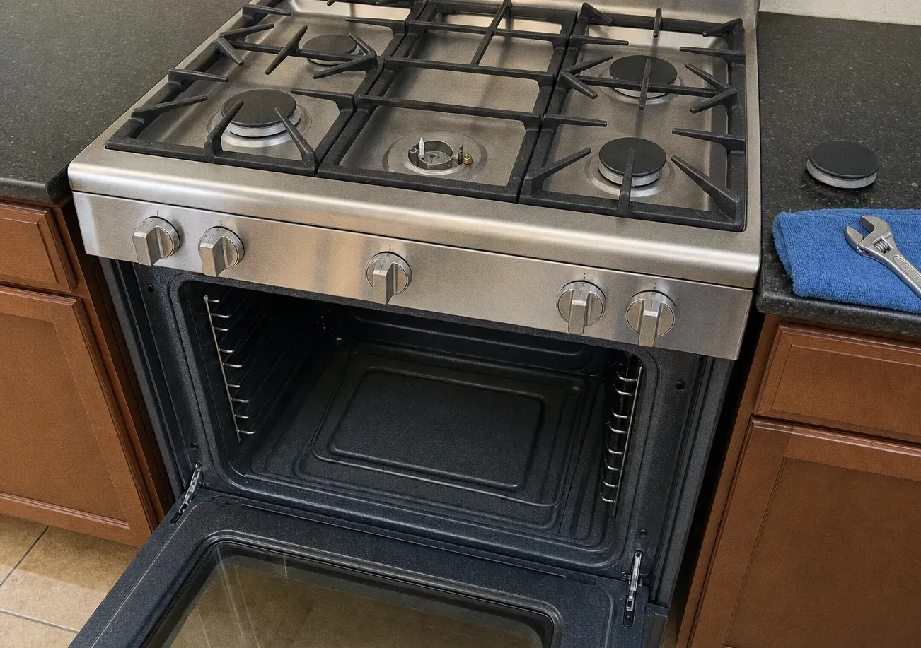 A stainless gas range seen at an angle in warm wood cabinets, one cooktop burner cap lifted off its base and the oven door standing open